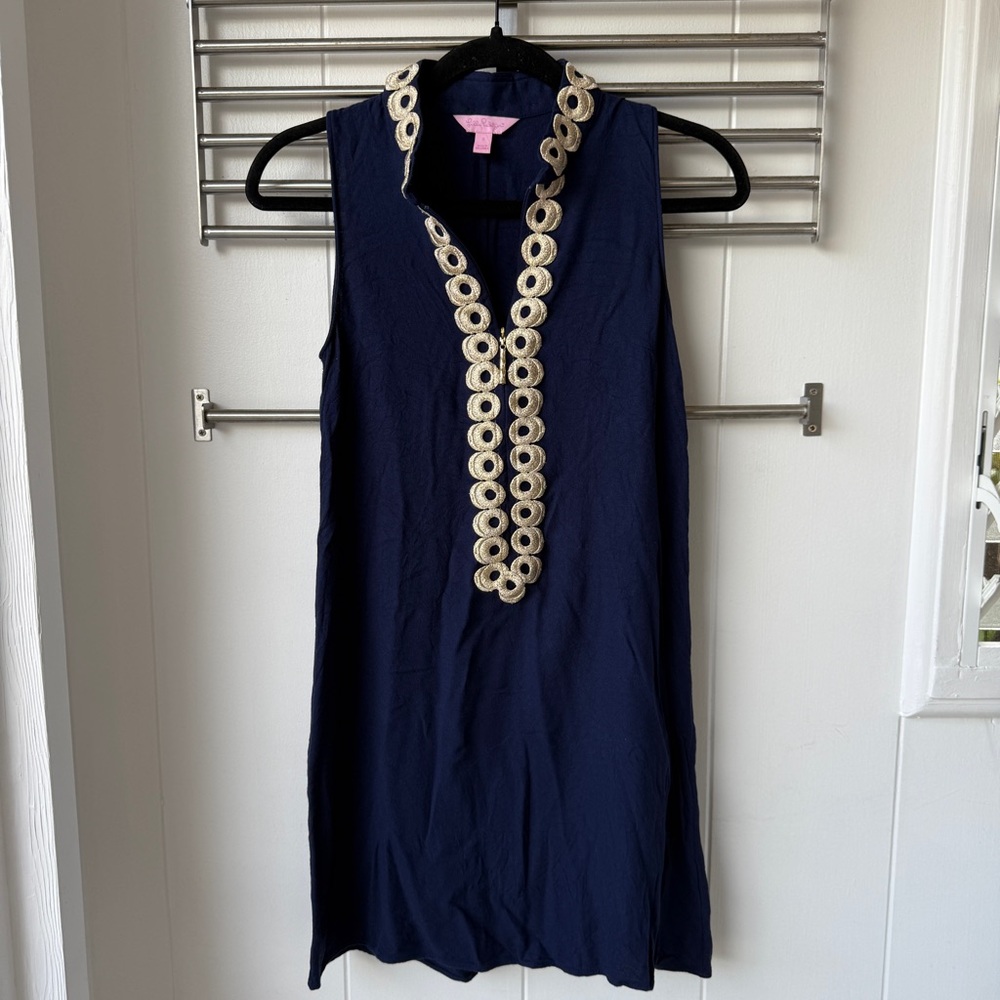 Lilly Pulitzer Jane Shift Dress Sleeveless Gold Navy Blue 0 - Picture 3 of 9